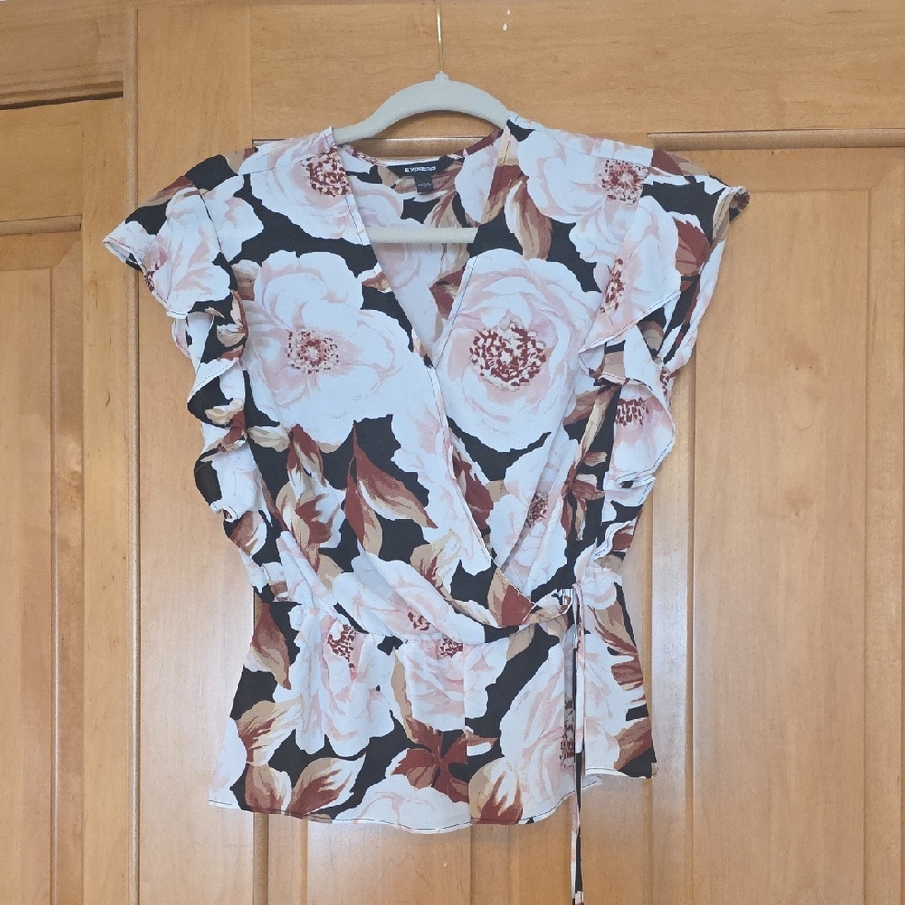 Express Black and Cream Floral Wrap Blouse